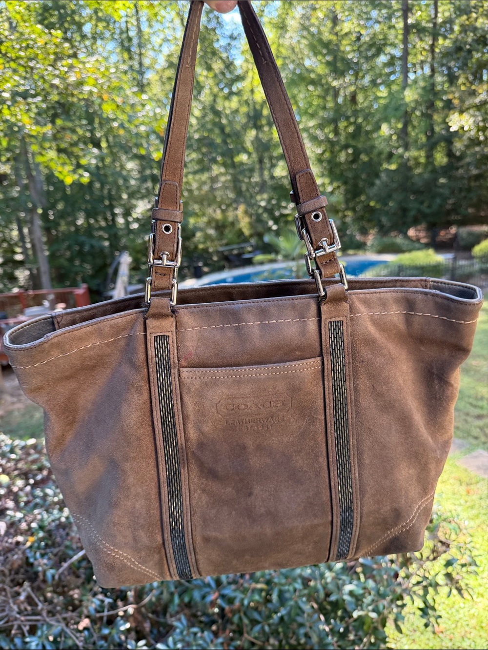 Vintage Coach 8B31 Suede Beaded Shoulder Bag Tote Y2K Boho in Brown